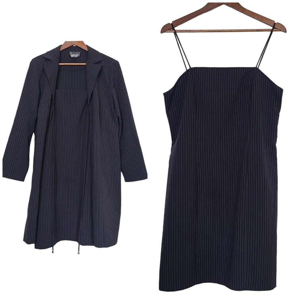 Suits Us Woman's Size 13 14 Black Pinstripe 2 piece SUIT Midi Jacket Dress